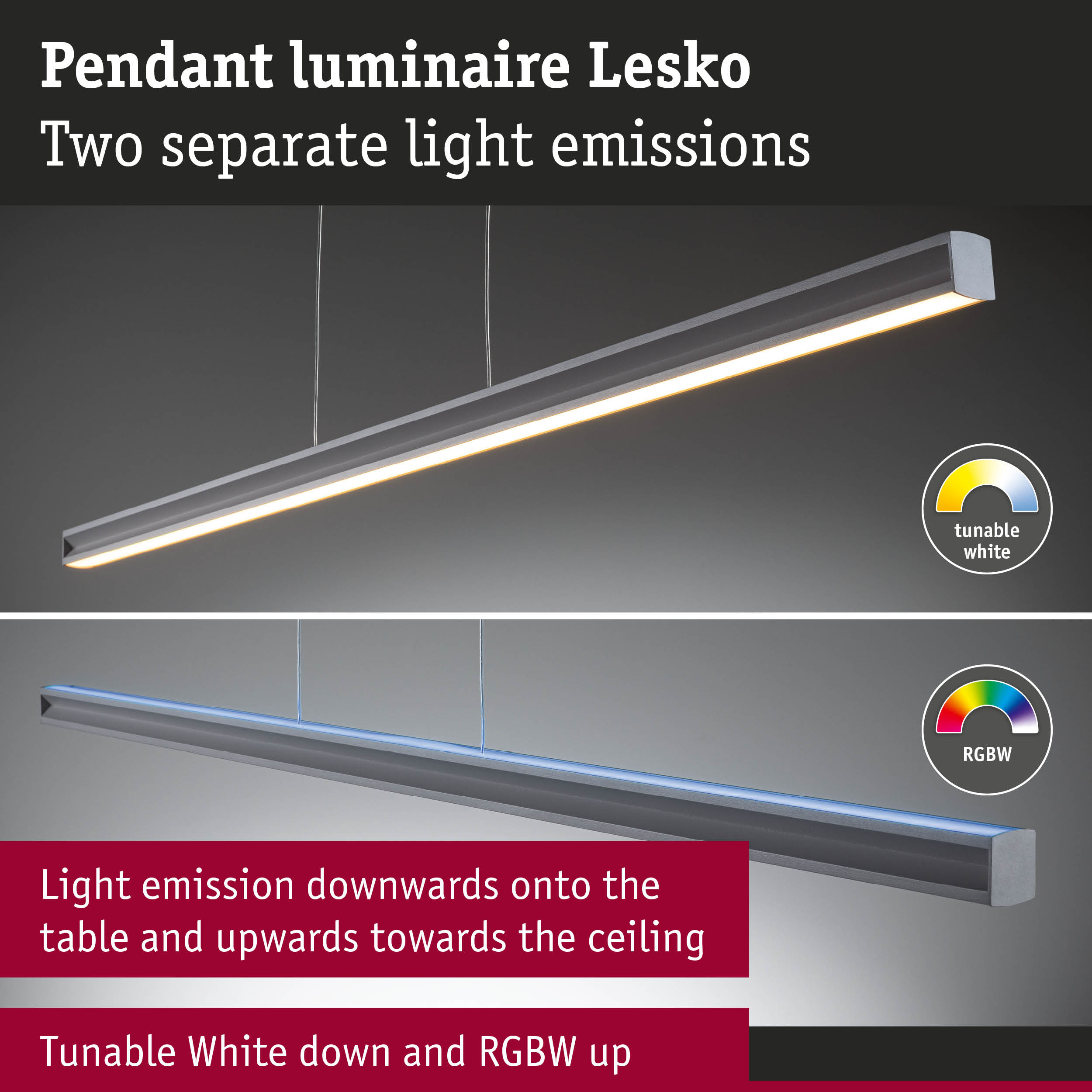 Lesko grey aluminium pendant luminaire with two light emissions featuring tunable white and RGBW lighting