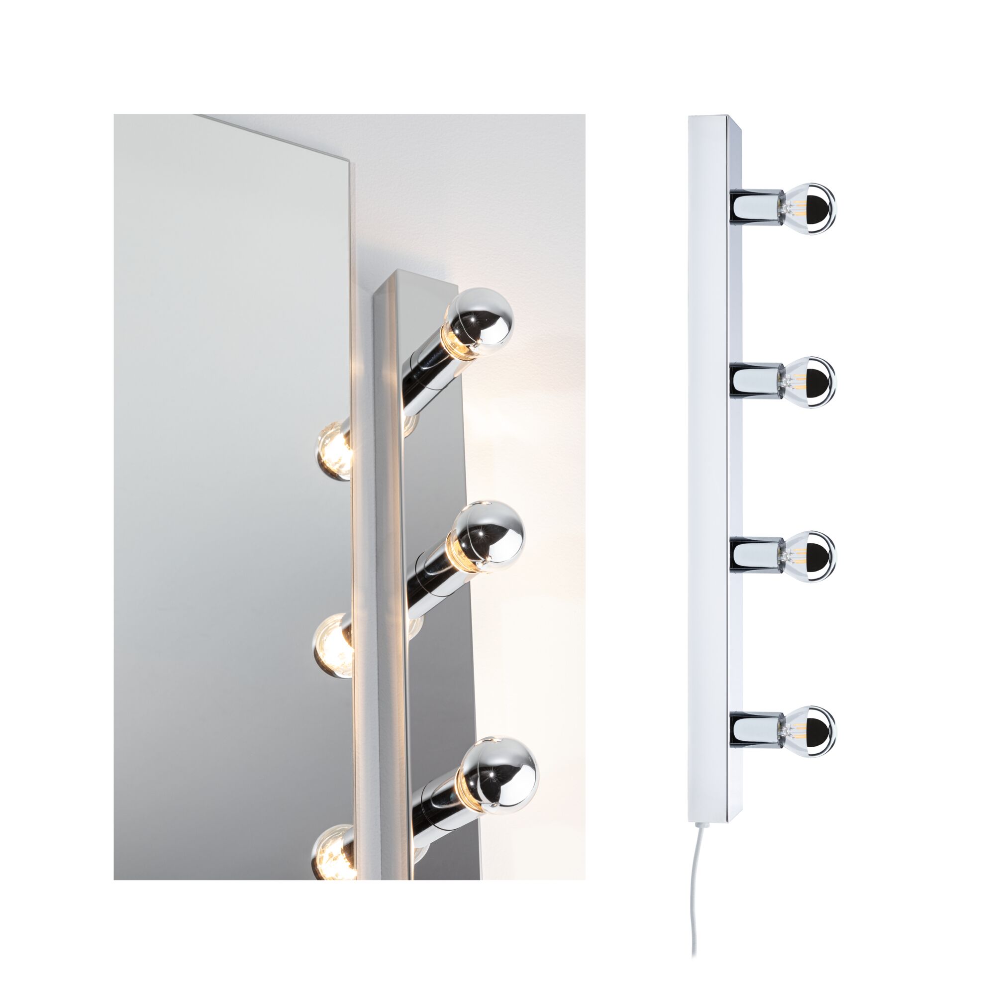 White LED mirror light with four round bulbs for bathroom and vanity lighting