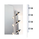 White LED mirror light with four round bulbs for bathroom and vanity lighting