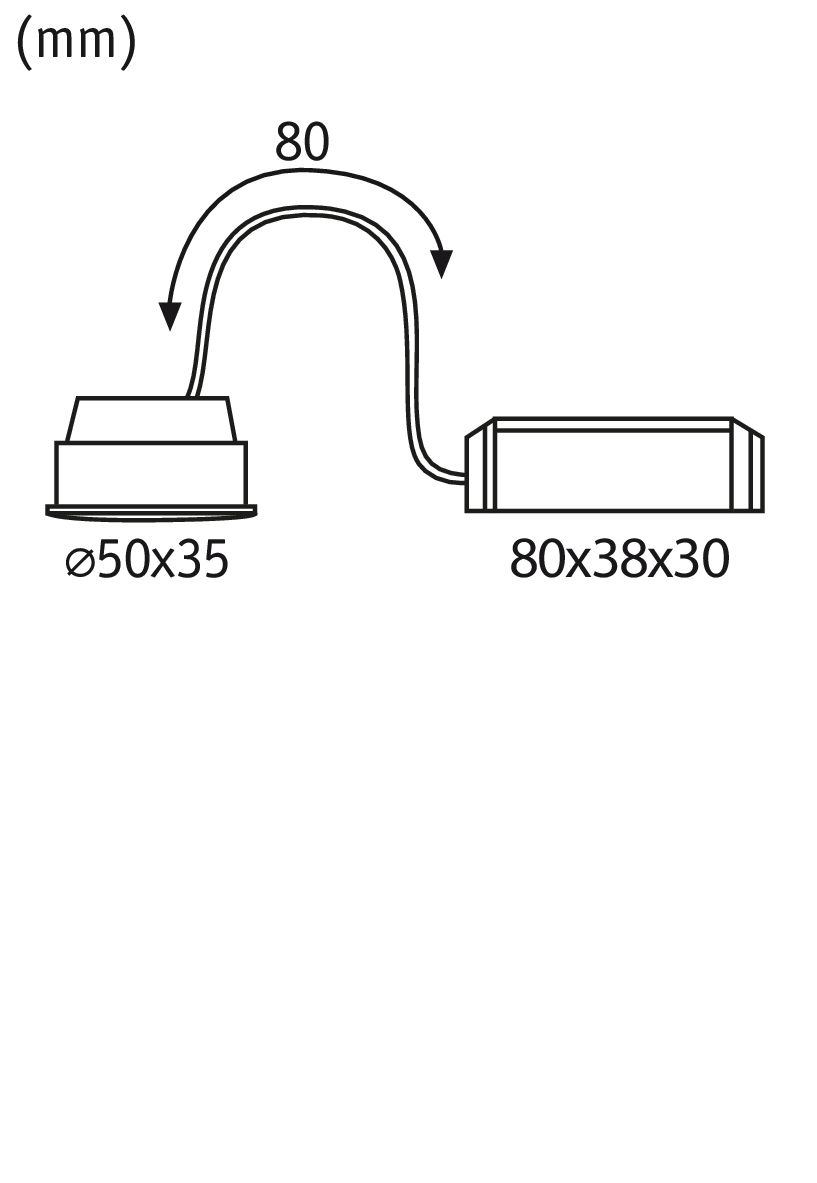 Technical drawing showing dimensions of round and rectangular parts connected by cable, measurements in mm
