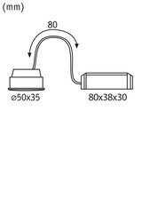 Teknisk tegning med mål af runde og rektangulære dele forbundet med kabel, mål i mm