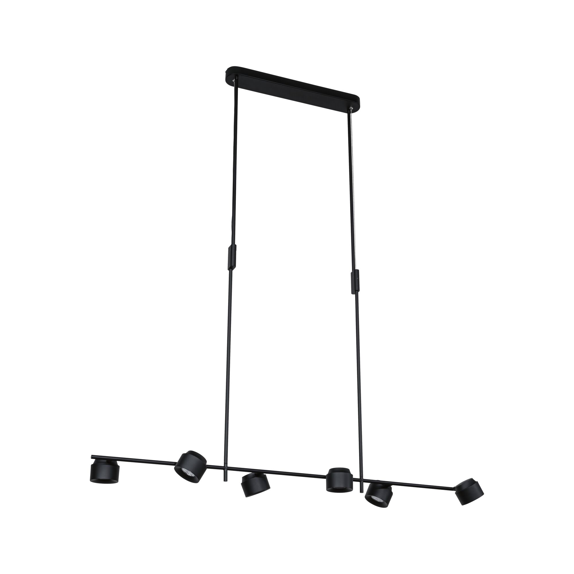 Suspension LED noire en métal avec six spots orientables pour un éclairage intérieur moderne