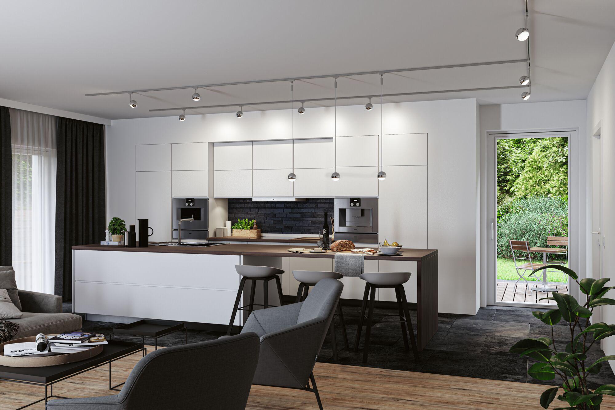 Moderne hvidt køkken med træbordplade, sorte barstole og LED-loftspots i opholdsområde.