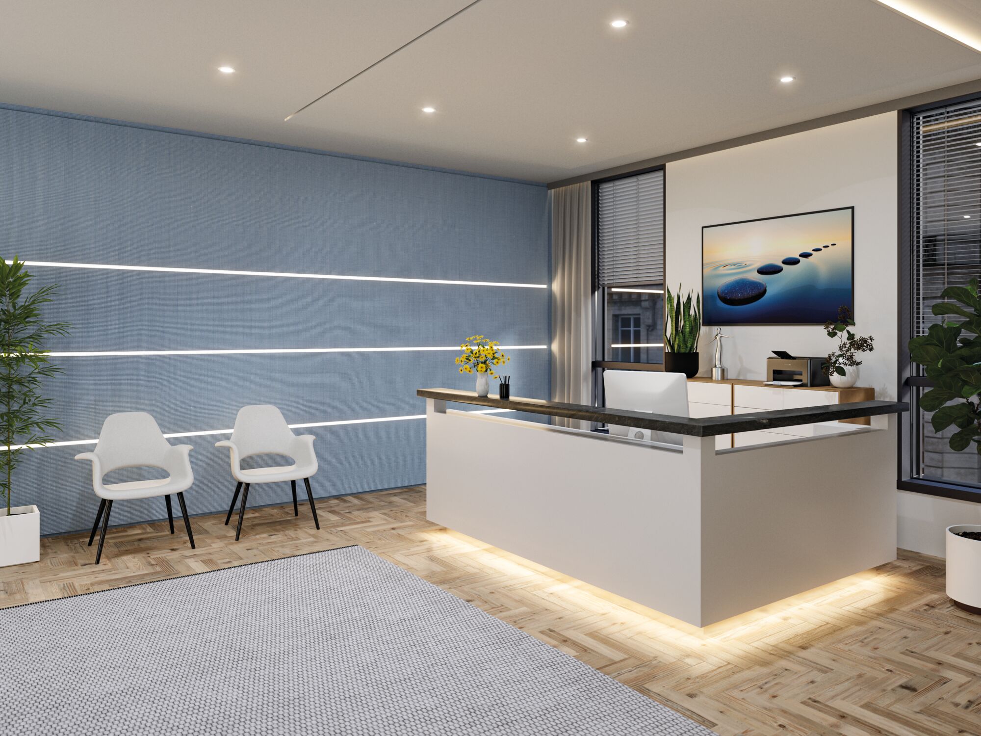 Modernes Büro mit weißem Empfangstresen, blauer Wand mit LED-Lichtleisten und zwei weißen Stühlen