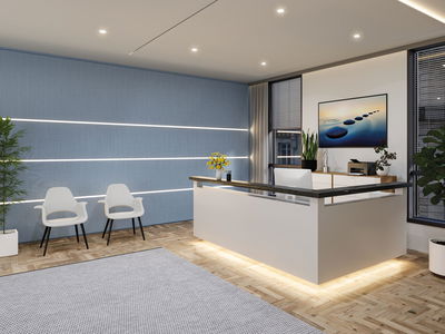 Modernes Büro mit weißem Empfangstresen, blauer Wand mit LED-Lichtleisten und zwei weißen Stühlen