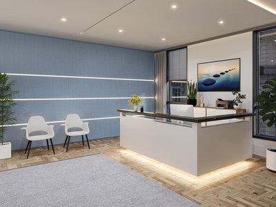 Bureau moderne avec comptoir d'accueil blanc, mur bleu avec bandes lumineuses LED et deux chaises blanches