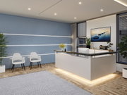 Modernes Büro mit weißem Empfangstresen, blauer Wand und LED-Deckenbeleuchtung für Arbeitsräume