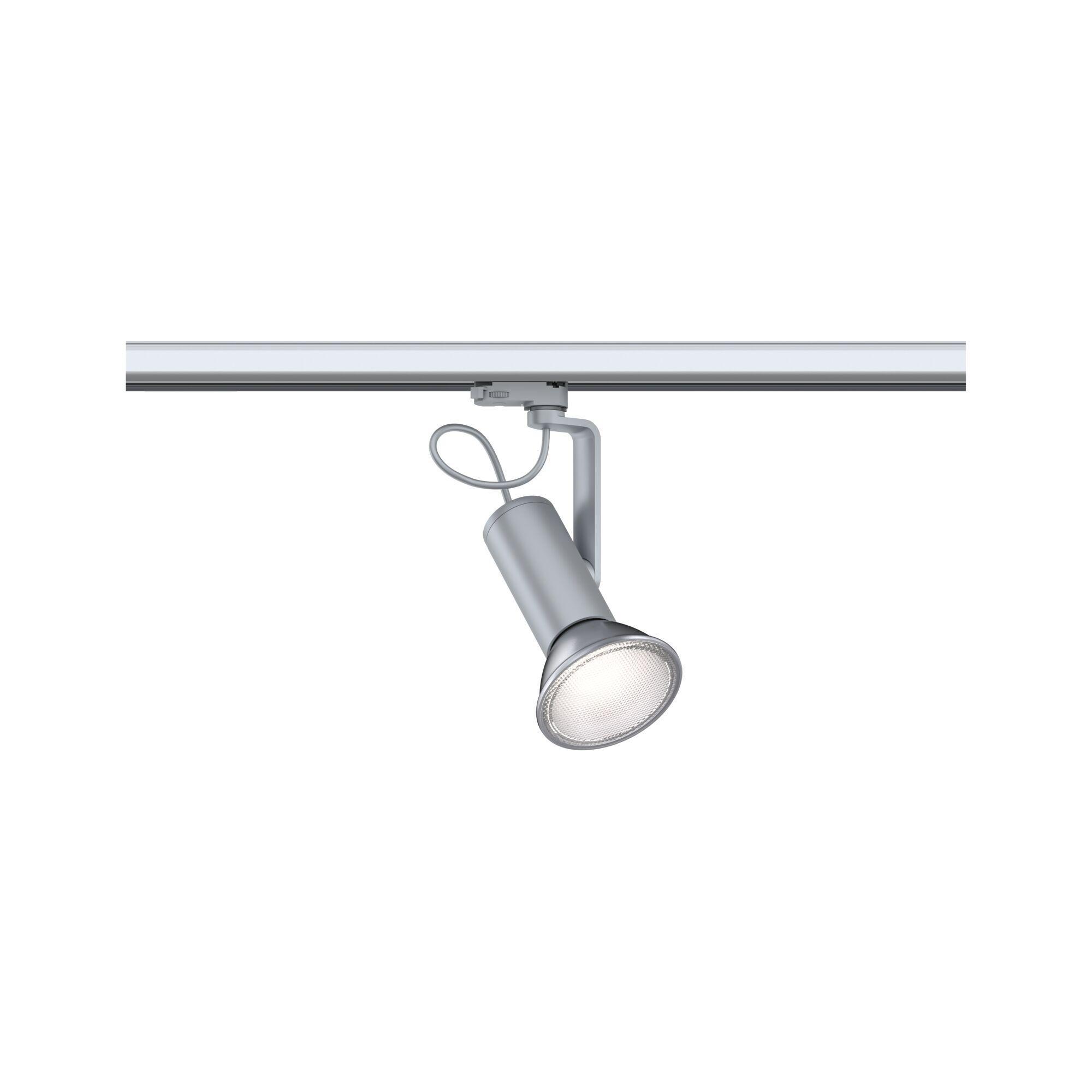 Modern silver metal LED spotlight for track systems, dimmable home lighting solution