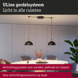 ULine gordelsysteem met zwarte hanglampen boven ronde eettafel in lichte kamer