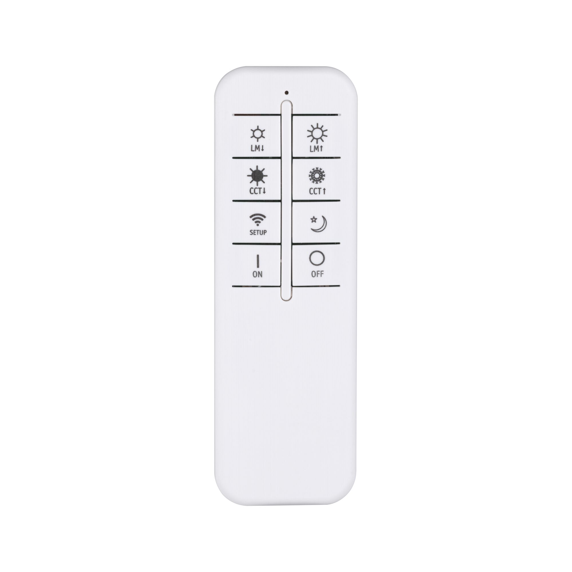 White LED remote control with buttons for brightness, color temperature, and on/off functions