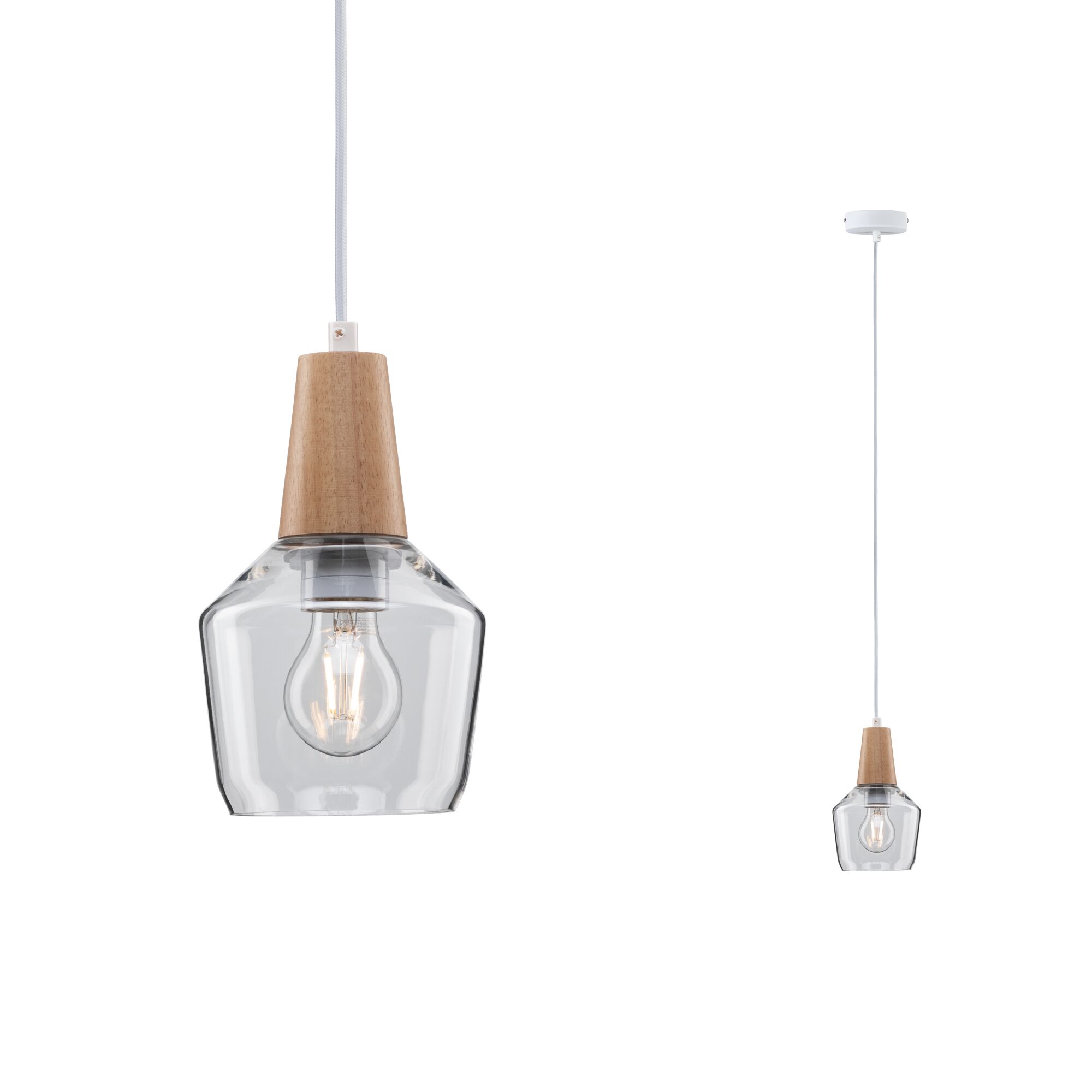 Hanglamp met houten houder en helder glas, modern ontwerp voor woonverlichting