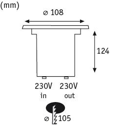 Technical drawing of a round LED recessed spotlight housing with 108 mm diameter and 124 mm height