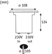 Technical drawing of a round LED recessed spotlight housing with 108 mm diameter and 124 mm height