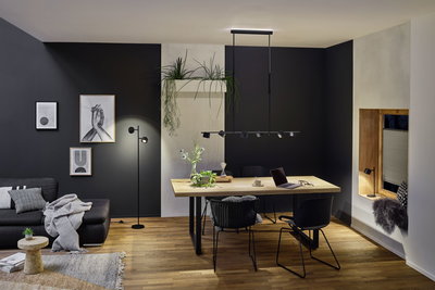 Moderne eetruimte met zwarte metalen LED-hanglamp en vloerlamp in stijlvolle woonkamer.
