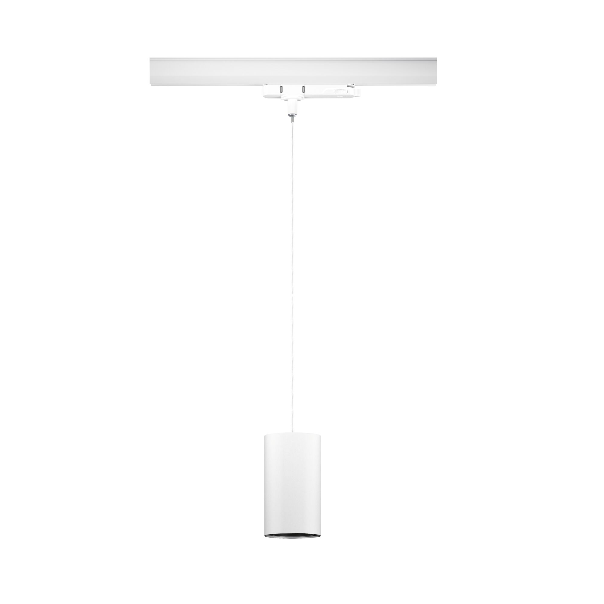 Moderne witte cilindervormige metalen hanglamp met railsysteem voor flexibele verlichting
