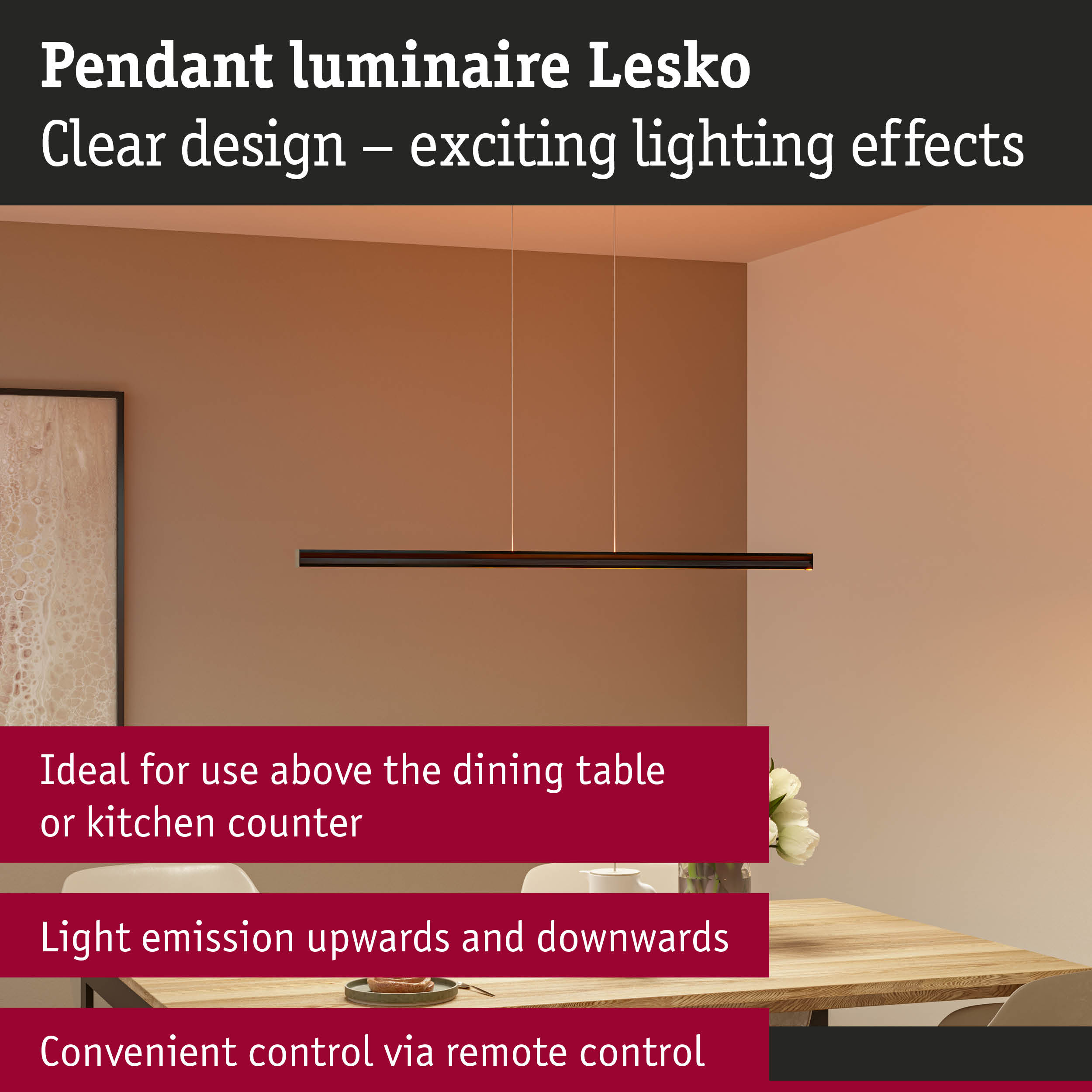 Black Lesko metal pendant light with clear design, perfect for dining table and kitchen lighting