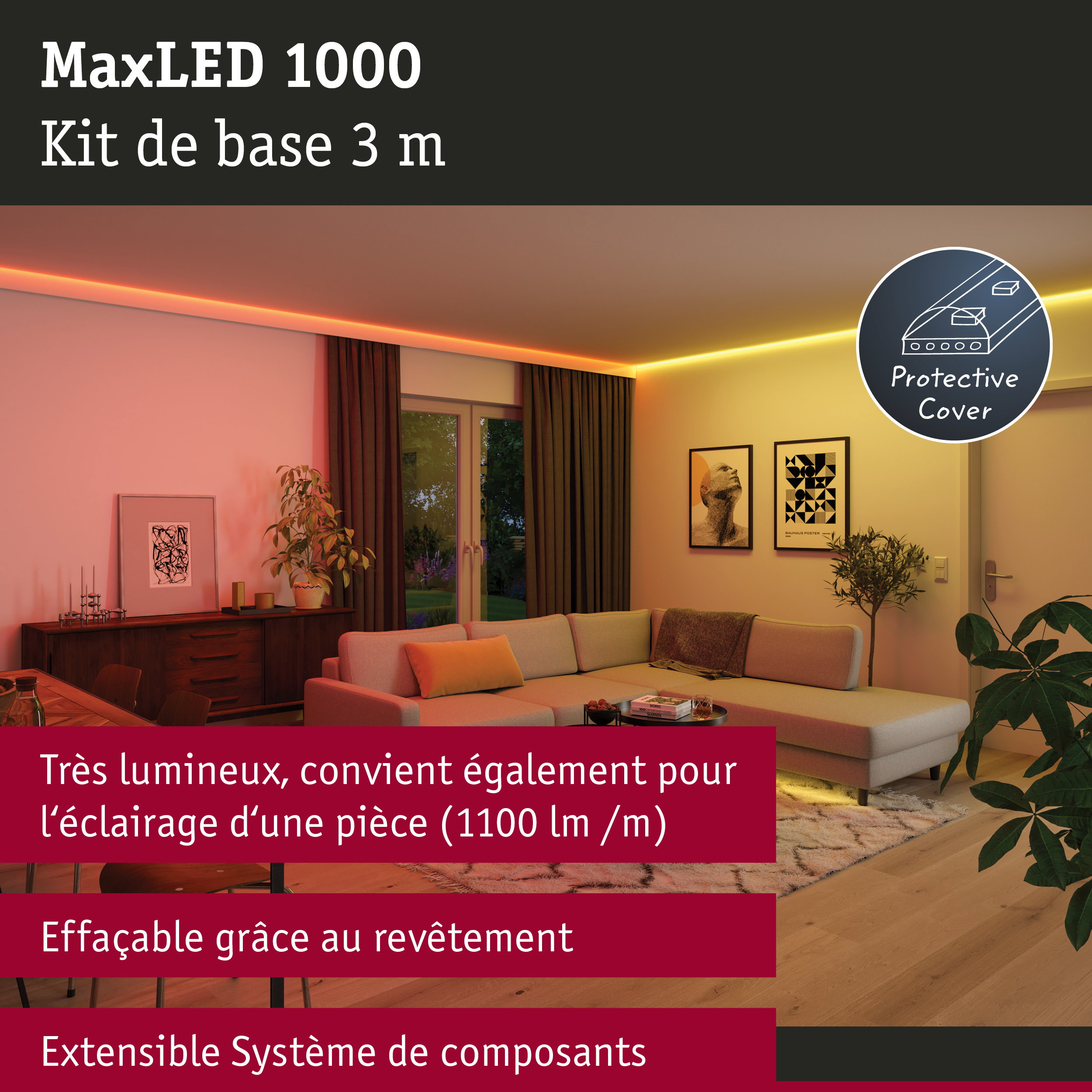 MaxLED 1000 bande LED 3 m avec protection dans un salon moderne éclairé indirectement