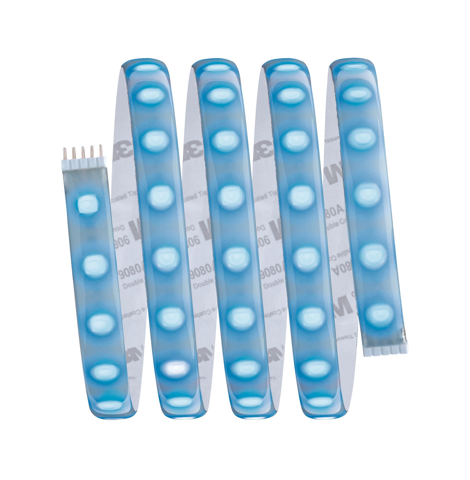 Flexible LED strip with blue lights and adhesive backing for versatile lighting solutions.