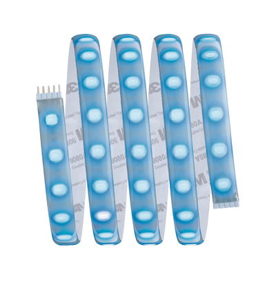 Flexible LED strip with blue lights and adhesive backing for versatile lighting solutions.