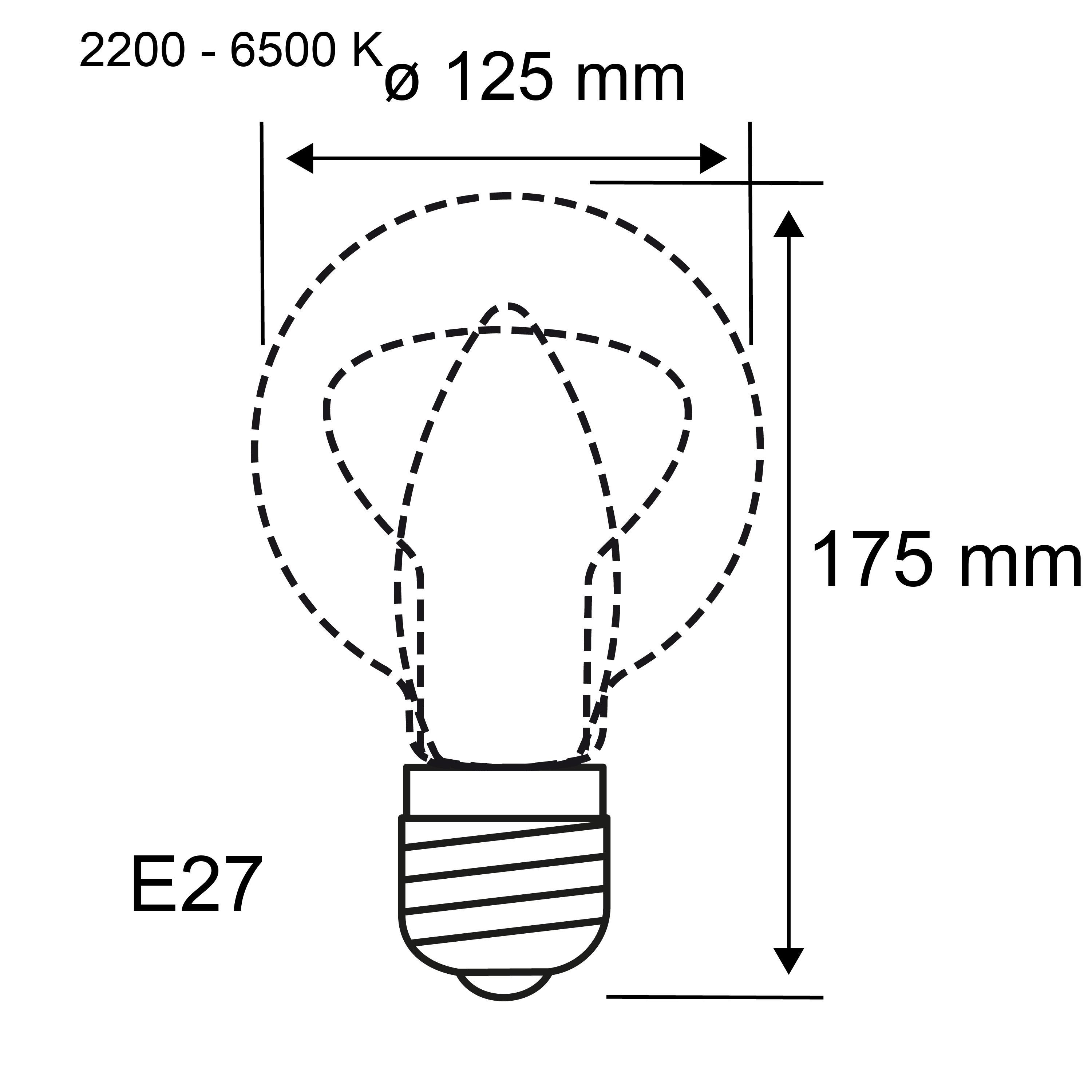 Technical drawing of E27 LED bulb with 125 mm diameter and 175 mm length, color temperature 2200-6500K