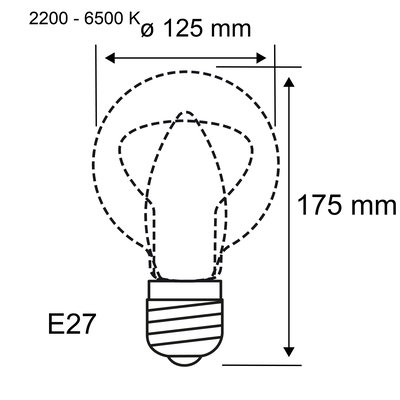 Schéma technique d’une ampoule LED E27 de 125 mm de diamètre et 175 mm de longueur, température de couleur 2200-6500K