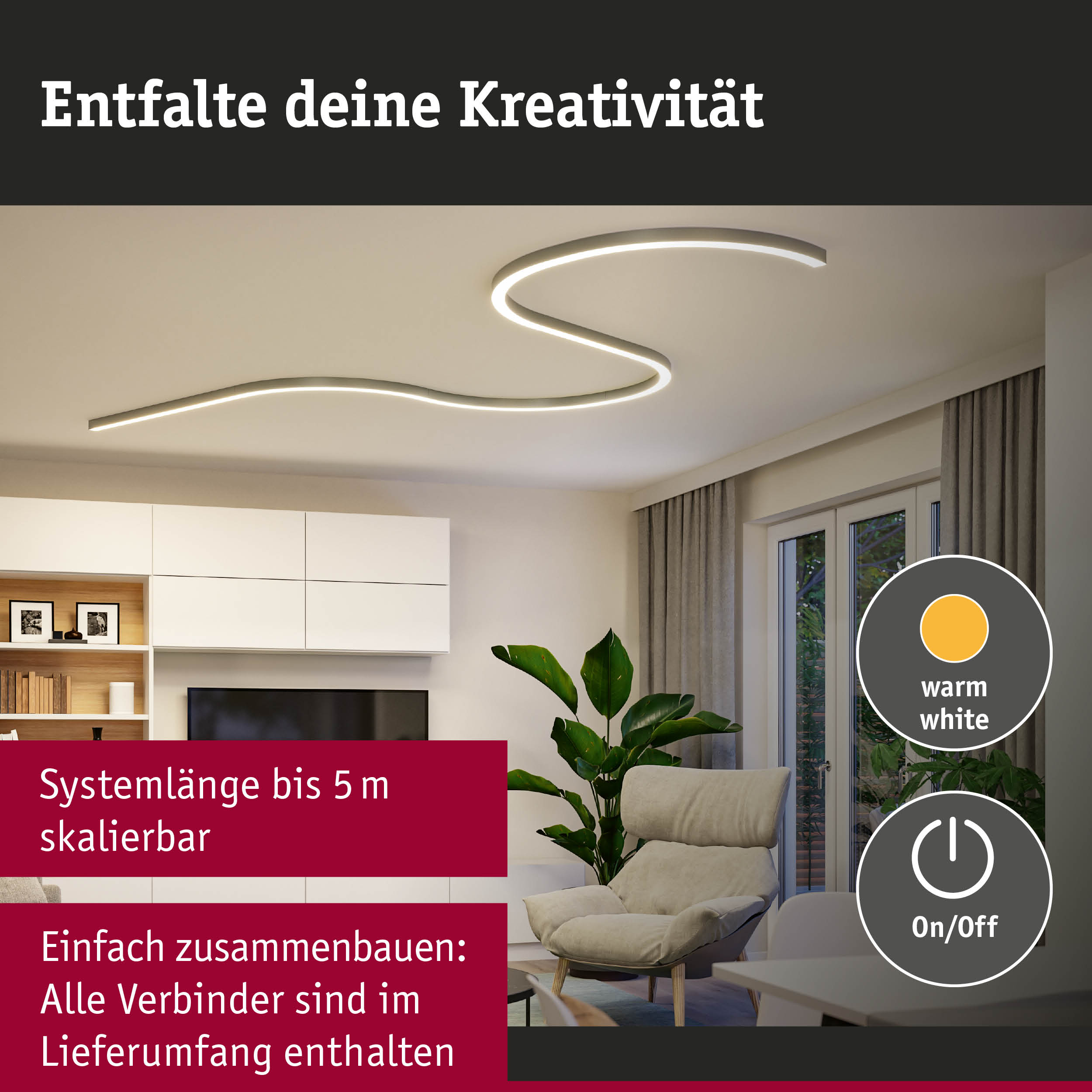 Moderne LED-Deckenleuchte in warmweiß mit flexibler, geschwungener Form für Wohnzimmerbeleuchtung