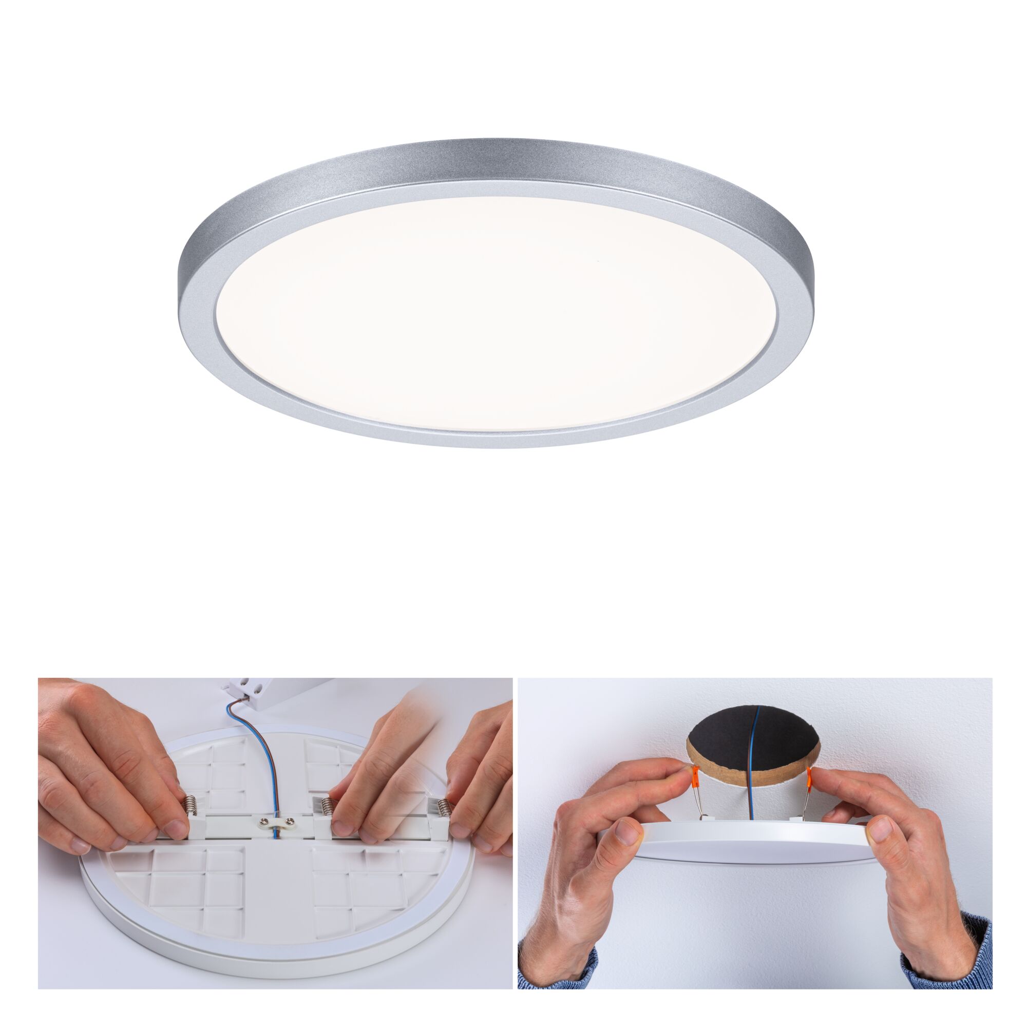 Rundes LED-Deckenpanel in Silber mit weißem Diffusor, energiesparende Innenbeleuchtung, Montageanleitung.