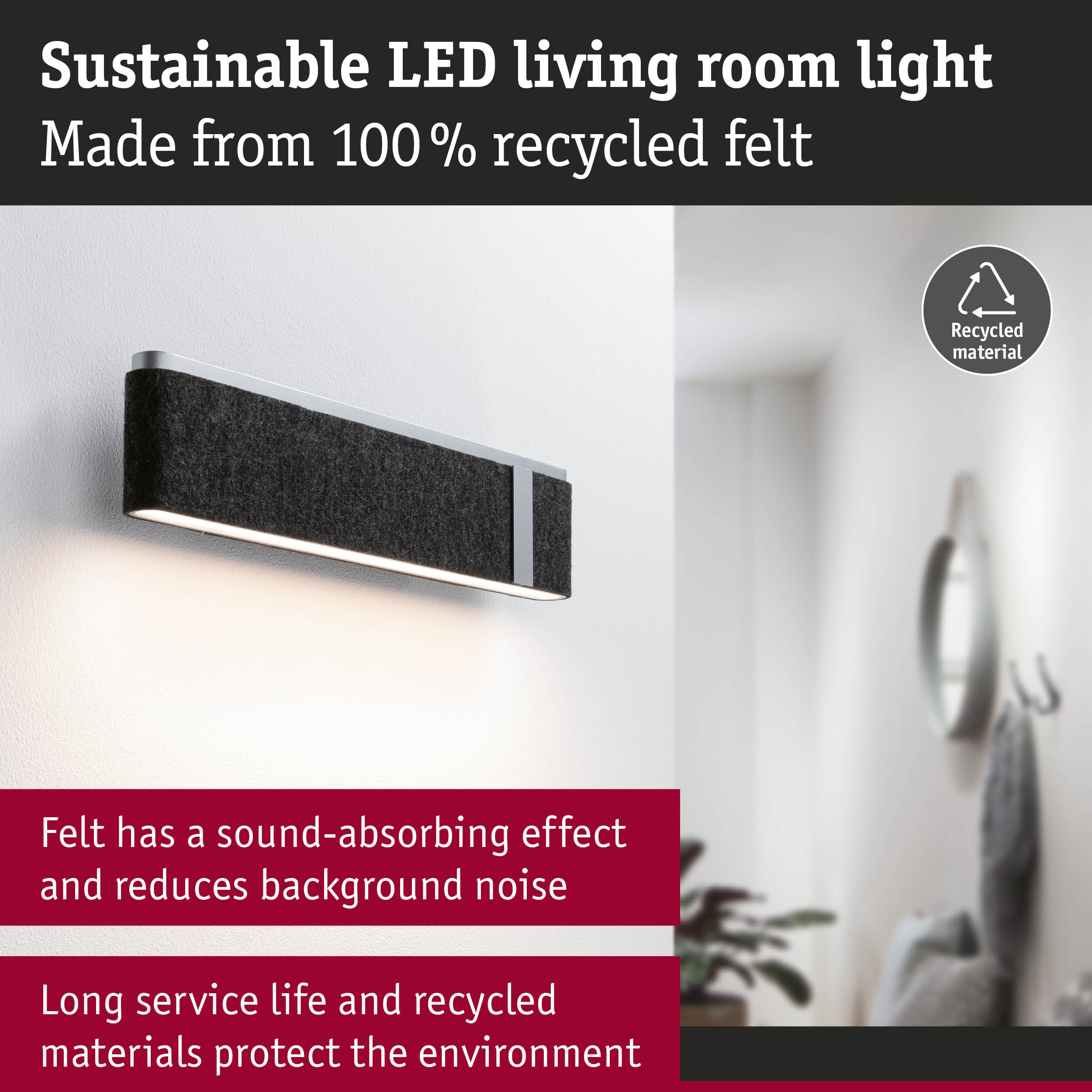 Sustainable black felt LED living room wall light with sound-absorbing effect and recycled materials.