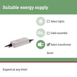 White LED lighting transformer with cable connection and options to select lights and cable assembly