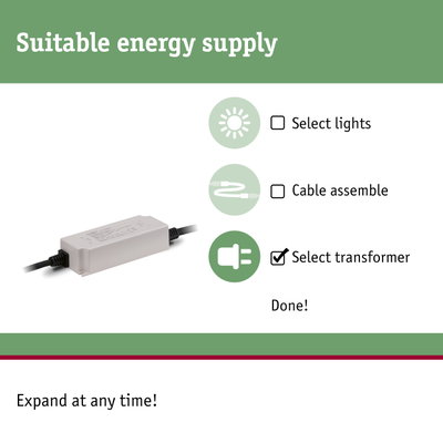White LED lighting transformer with cable connection and options to select lights and cable assembly