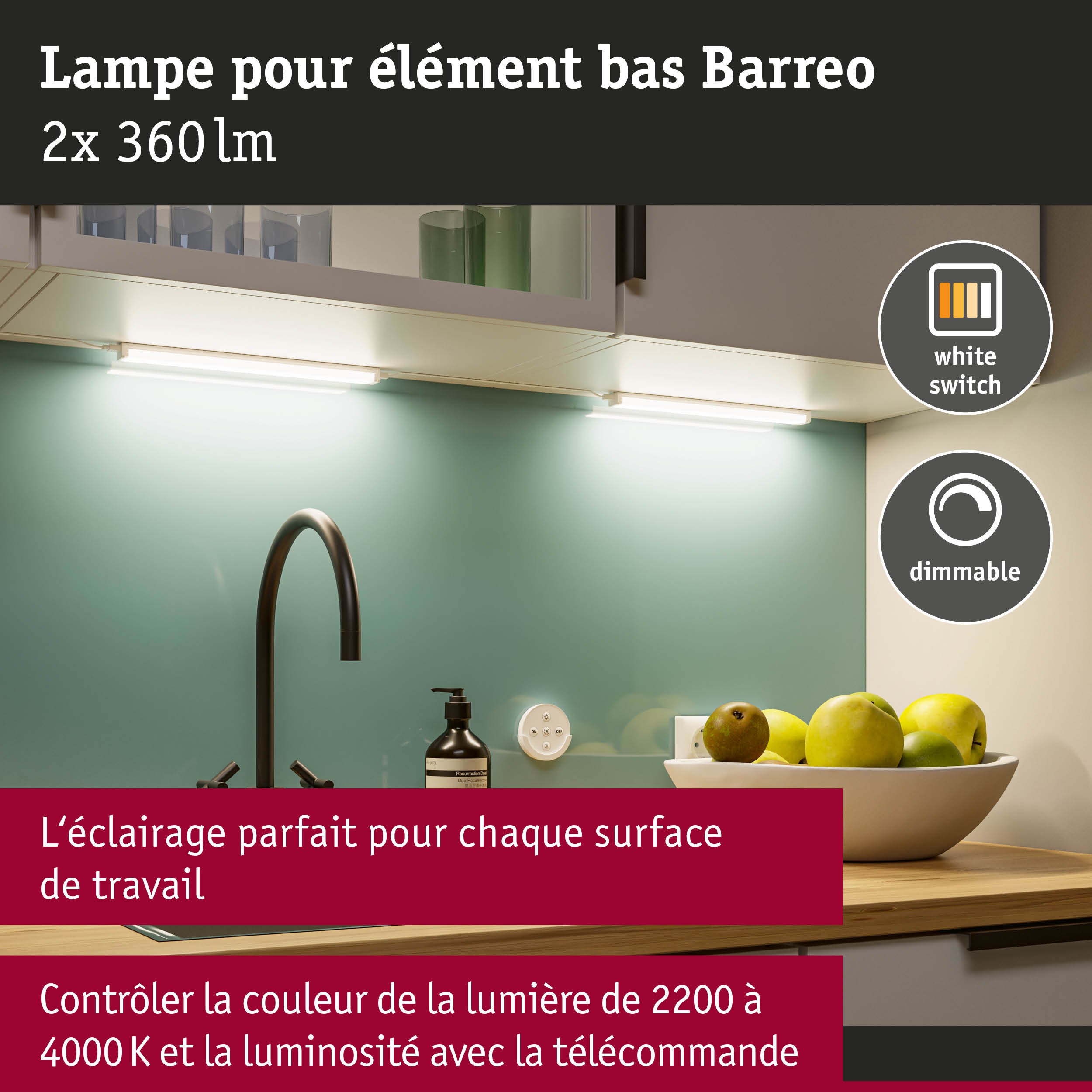 Lampe LED sous meuble Barreo blanche avec variation de couleur et télécommande pour éclairage cuisine
