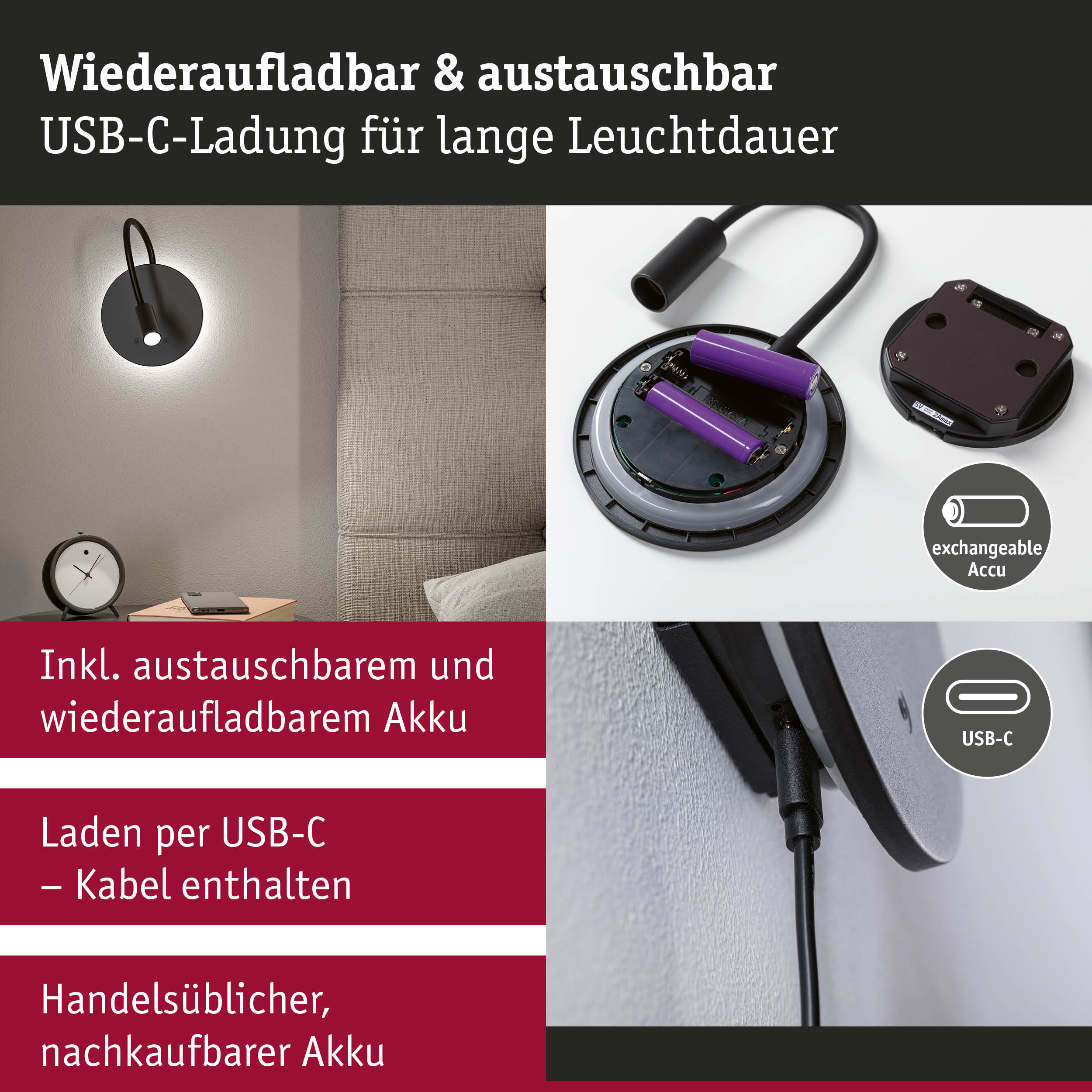 Wiederaufladbare schwarze LED-Wandleuchte mit USB-C-Ladekabel und austauschbarem Akku für lange Leuchtdauer
