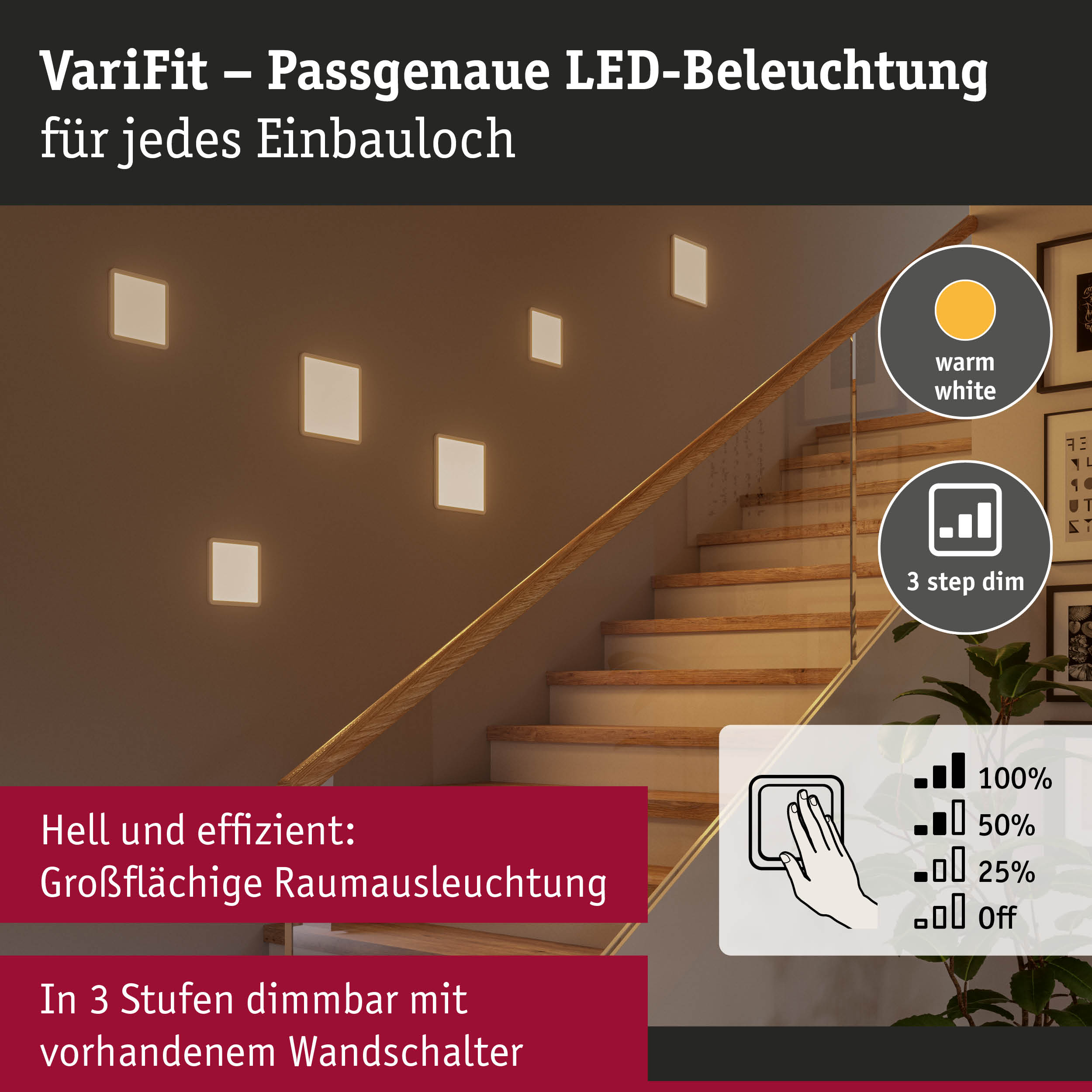 VariFit LED-Wandbeleuchtung in warmweiß, dimmbar in 3 Stufen, für Treppenhaus und Raumbeleuchtung