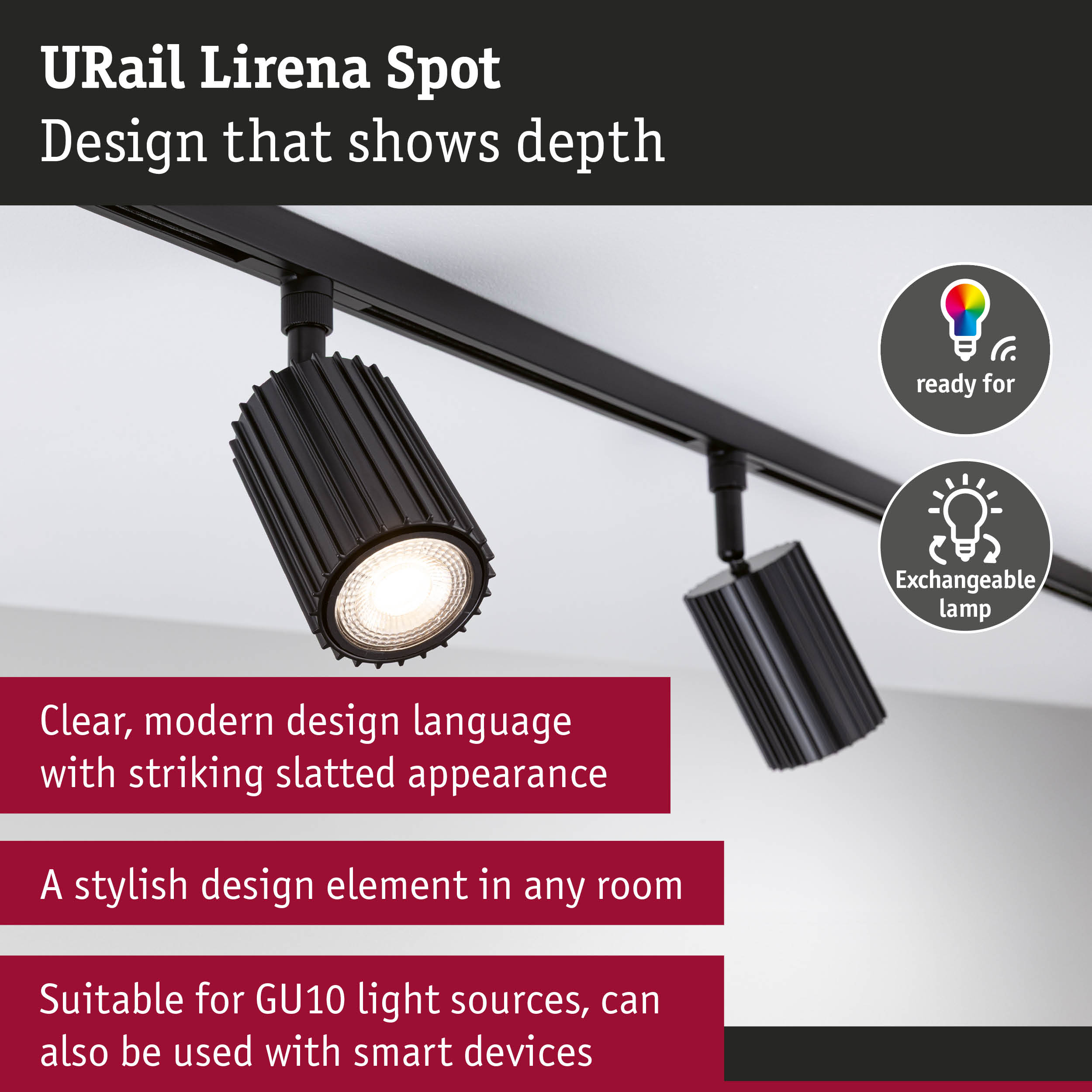 Black URail Lirena metal spotlight with slatted design, compatible with GU10 bulbs and smart devices.