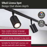 Black URail Lirena metal spotlight with slatted design, compatible with GU10 bulbs and smart devices.