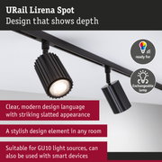 Black URail Lirena metal spotlight with slatted design, compatible with GU10 bulbs and smart devices.