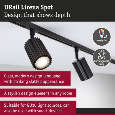 Black URail Lirena metal spotlight with slatted design, compatible with GU10 bulbs and smart devices.