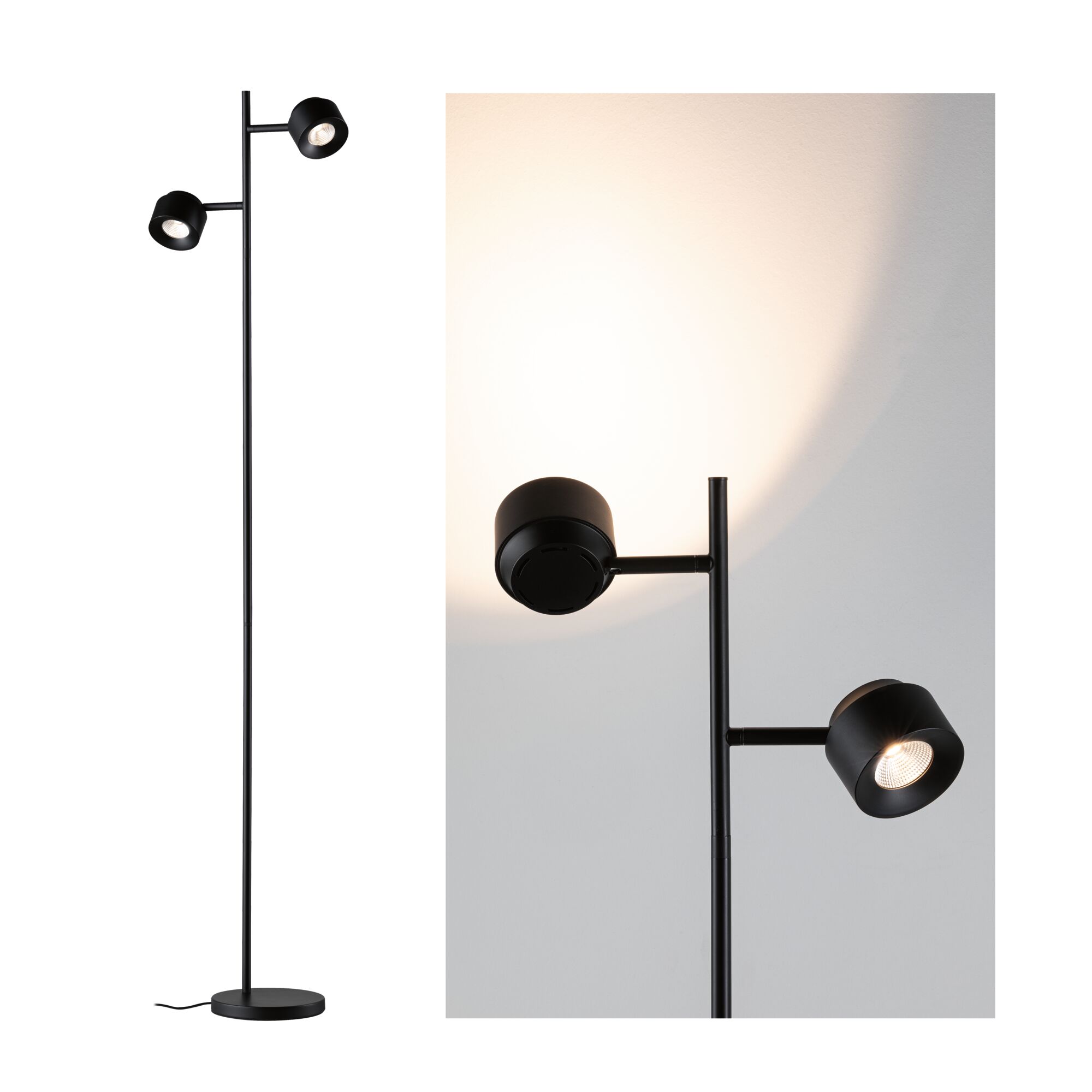 Lampadaire LED 3-Step-Dim Puric Pane 2700K 2x300lm 2x3W Noir Lampadaire noir en métal avec deux spots réglables pour un intérieur moderne.