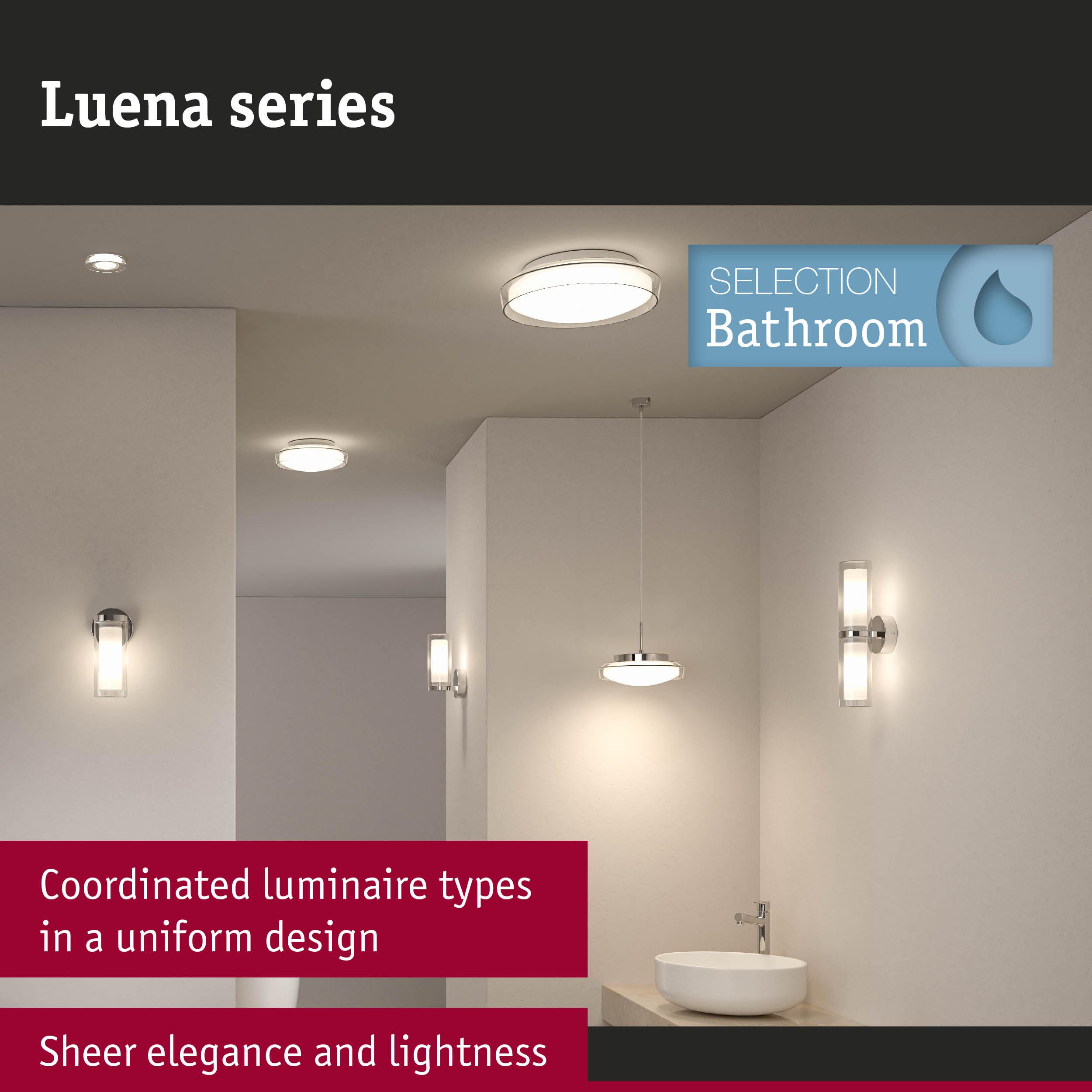 Luena series bathroom lights with coordinated ceiling and wall fixtures in chrome and glass design