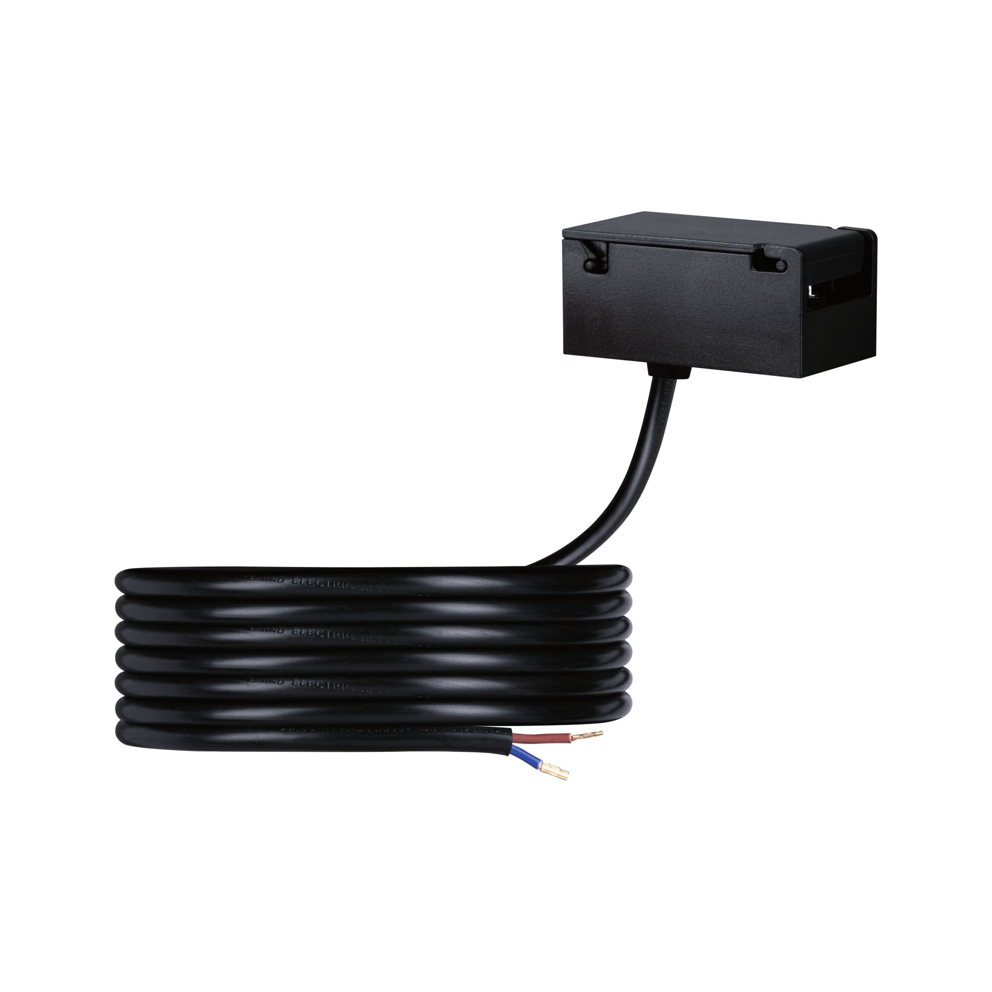 Black electrical connection cable with rectangular plastic housing for lighting systems.