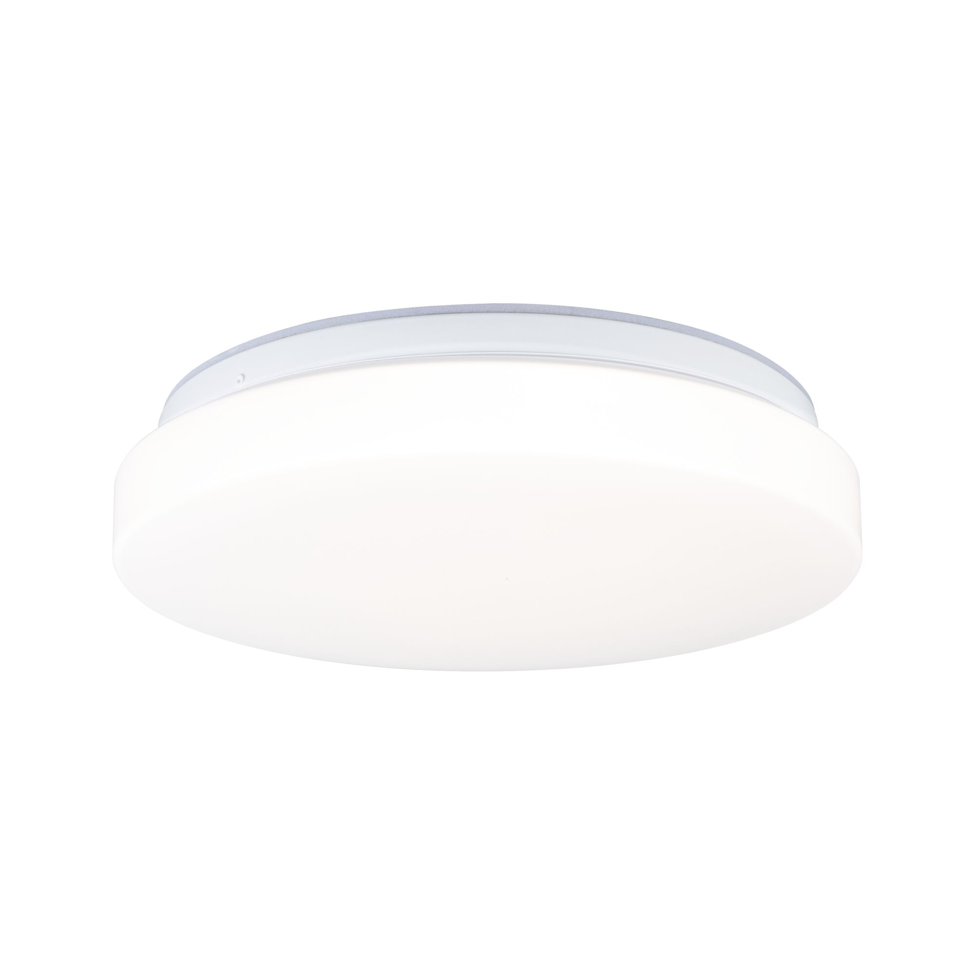 Round white plastic ceiling light with energy-saving LED technology for living spaces