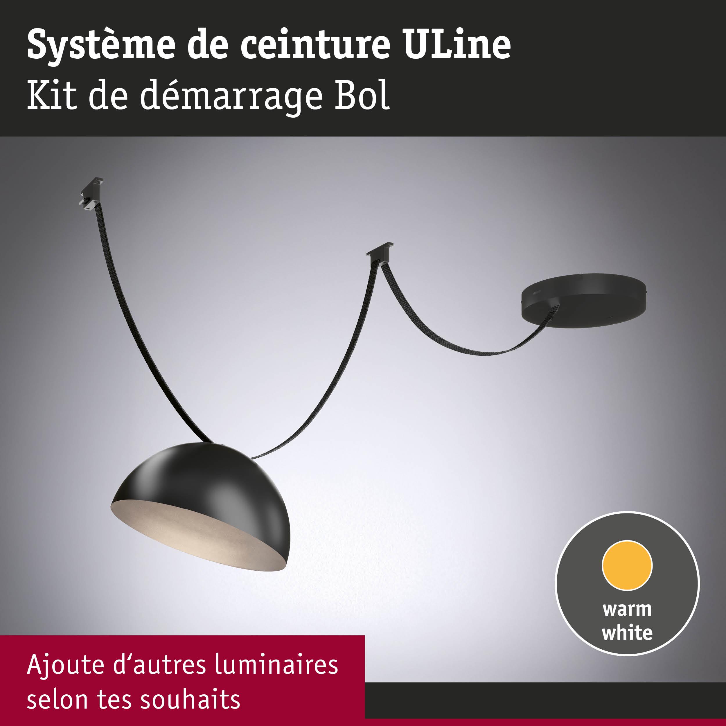 Système de ceinture ULine noir avec lampe en forme de bol et lumière blanc chaud pour éclairage modulable