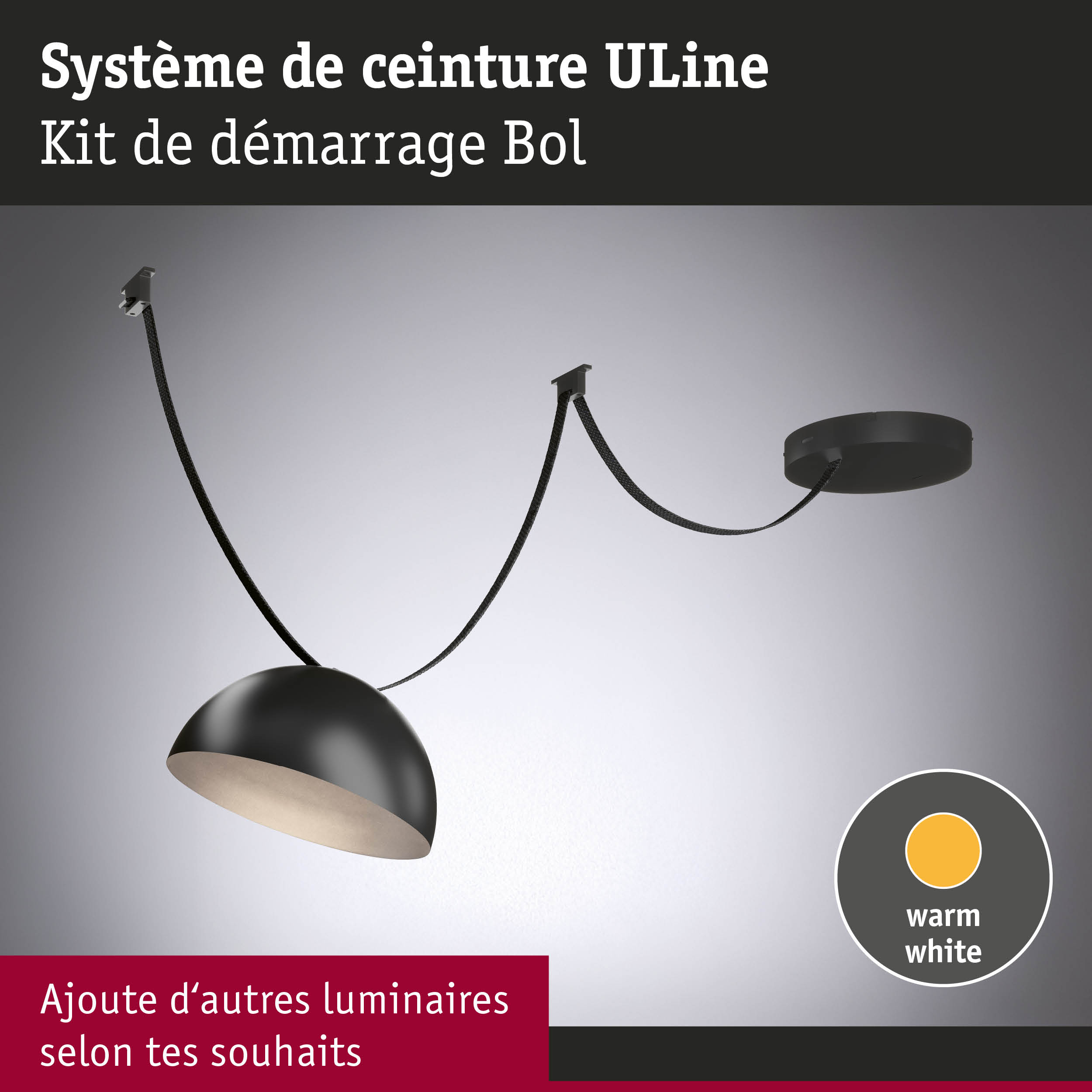 Système de câble ULine noir avec support et lumière blanc chaud pour solutions d'éclairage flexibles