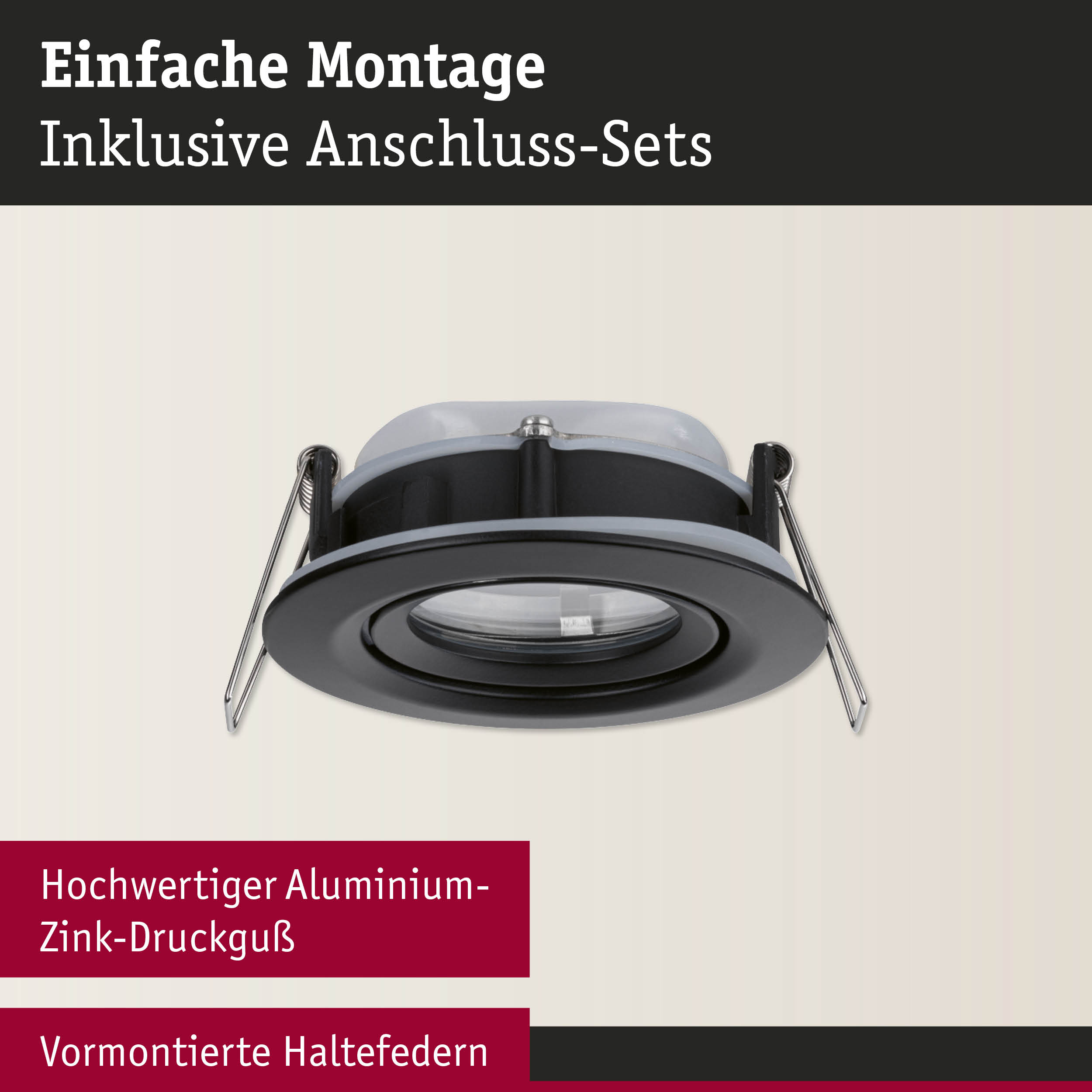 Schwarzer Einbaustrahler aus Aluminium-Zink-Druckguss mit vormontierten Haltefedern für einfache Montage