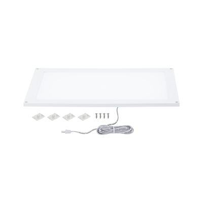 Flat rectangular white LED panel with cable, screws, and adhesive pads for easy installation