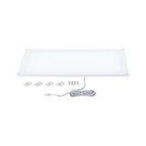 Flat rectangular white LED panel with cable, screws, and adhesive pads for easy installation