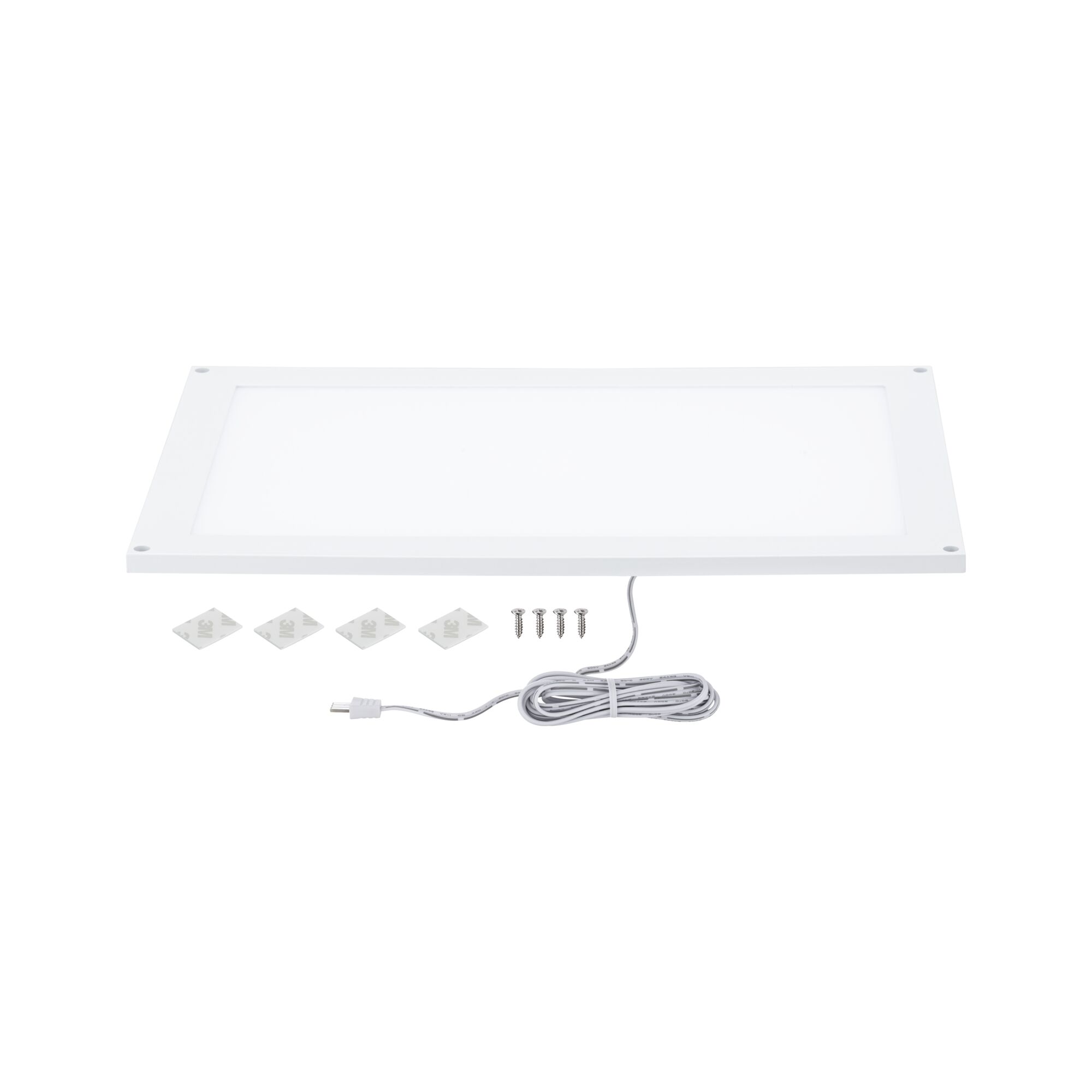 Flat rectangular white LED panel with cable, screws, and adhesive pads for easy installation