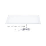 Flat rectangular white LED panel with cable, screws, and adhesive pads for easy installation