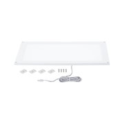 Flat rectangular white LED panel with cable, screws, and adhesive pads for easy installation