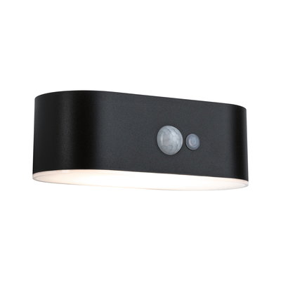 Black LED wall light with motion sensor and diffuser for energy-efficient indoor lighting
